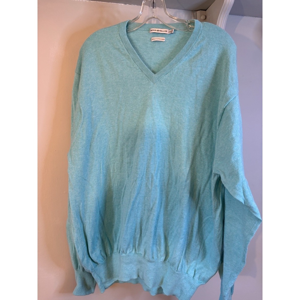 PETER MILLAR Men's Cotton Cashmere Aqua Blue V Neck Sweater 2XL Classic Golf